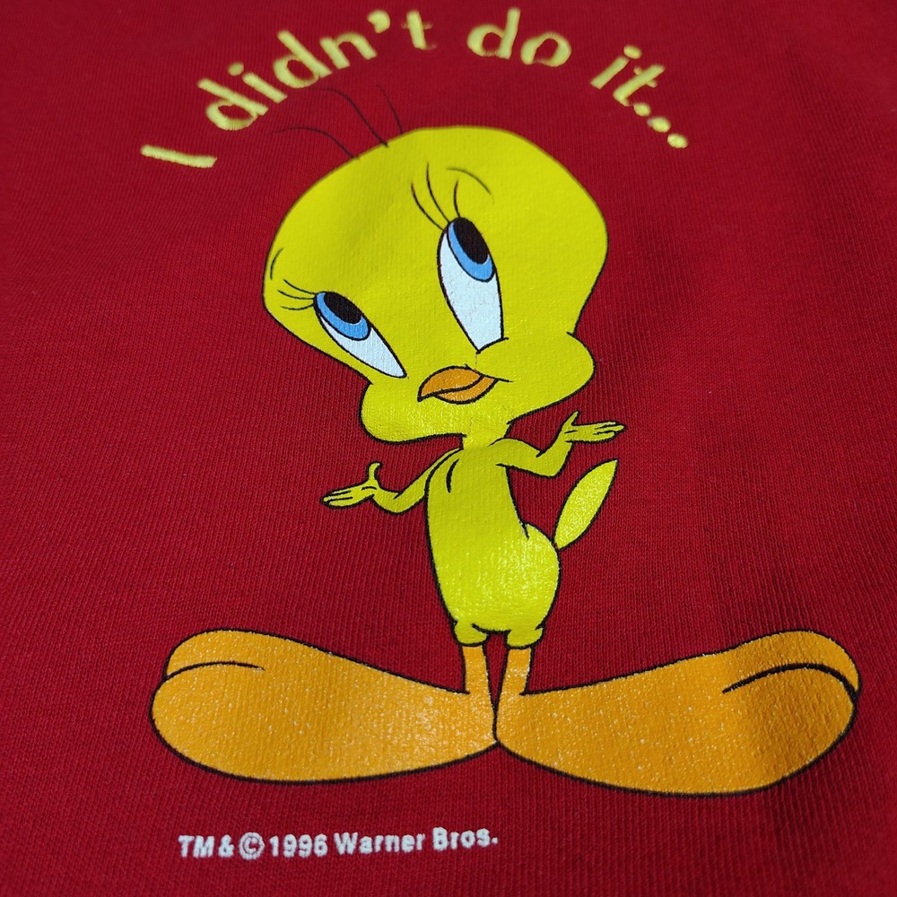 Vintage 90s Looney Tunes Sweatshirt Large Red Cotton Tweety Bird Made in USA - Picture 7 of 13